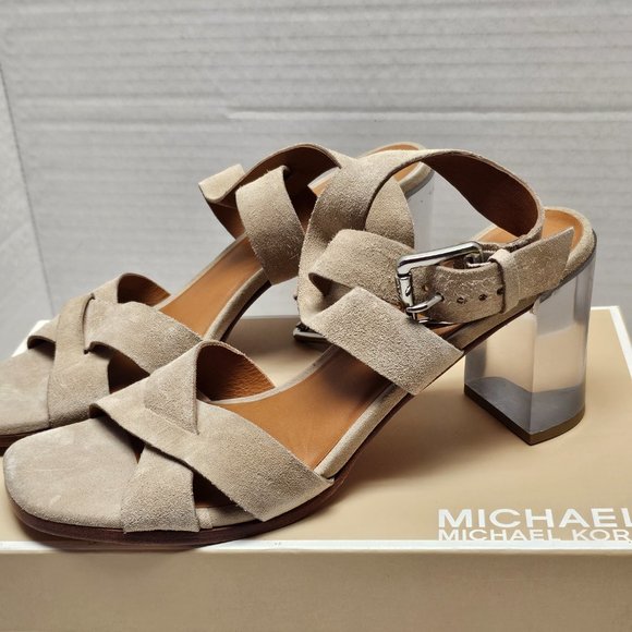 New Womens Michael Kors Suede Light Camel Clear Chunky Heel Leather Soles 11 - Picture 7 of 15